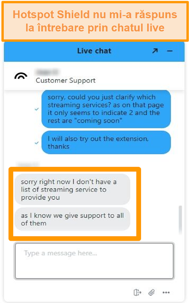 Captură de ecran a unui agent de chat live Hotspot Shield care nu poate răspunde la întrebarea mea