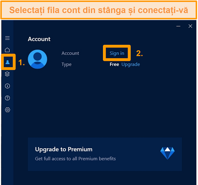 Captură de ecran a ecranului de conectare a contului aplicației Windows Hotspot Shield.