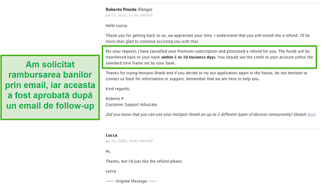 Captură de ecran a unei conversații prin e-mail cu asistența Hotspot Shield, având ca rezultat aprobarea rambursării.