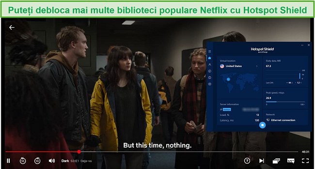Captură de ecran a Hotspot Shield care deblochează Netflix și transmite Dark.