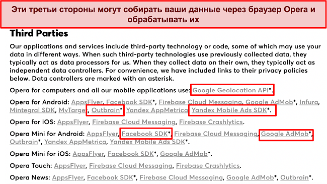 Снимок экрана Политики конфиденциальности Opera, раскрывающей сбор данных третьими лицами