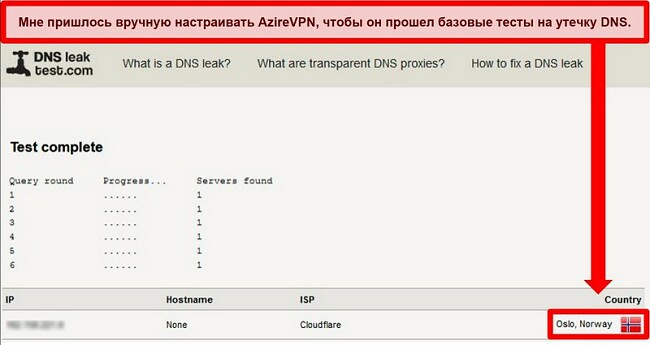 Снимок экрана успешного теста на утечку DNS