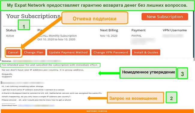 Скриншот процесса возврата в My Expat Network