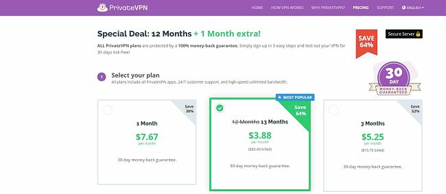 Screenshot of PrivateVPN's regular page showing pricing table with 64% off best deal