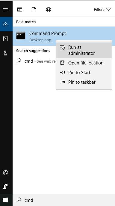 Screenshot of Windows Search Bar showing the result for 'cmd' - Command Prompt search with the user trying to start this app as administrator