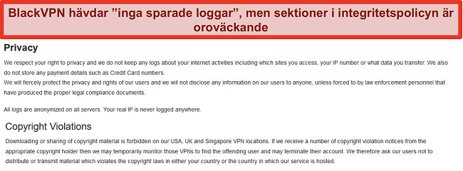 Skärmdump av sektionerna Sekretess och upphovsrättsintrång i BlackVPNs användarvillkor