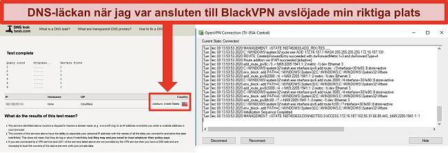 Skärmdump av ett misslyckat DNS-läckagetest medan BlackVPN är ansluten till en server i USA