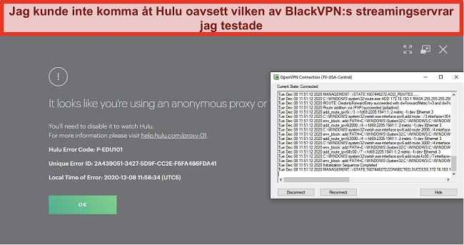 Skärmdump av Hulus proxy-IP-fel medan BlackVPN är ansluten via OpenVPN