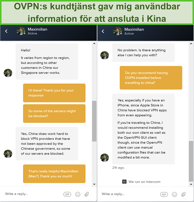 Skärmdump av livechatt med OVPN om huruvida servrar fungerar i Kina