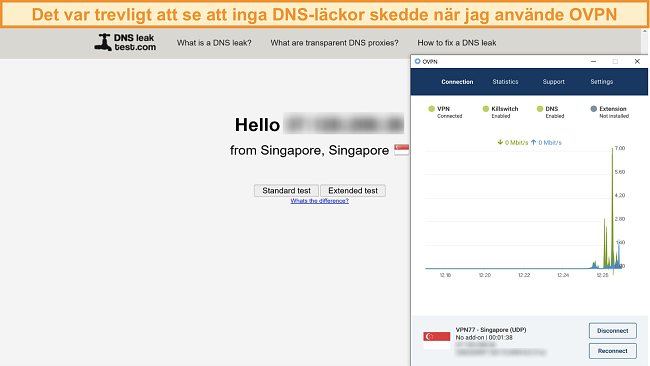 Skärmdump av OVPN som klarar ett DNS-läckagetest