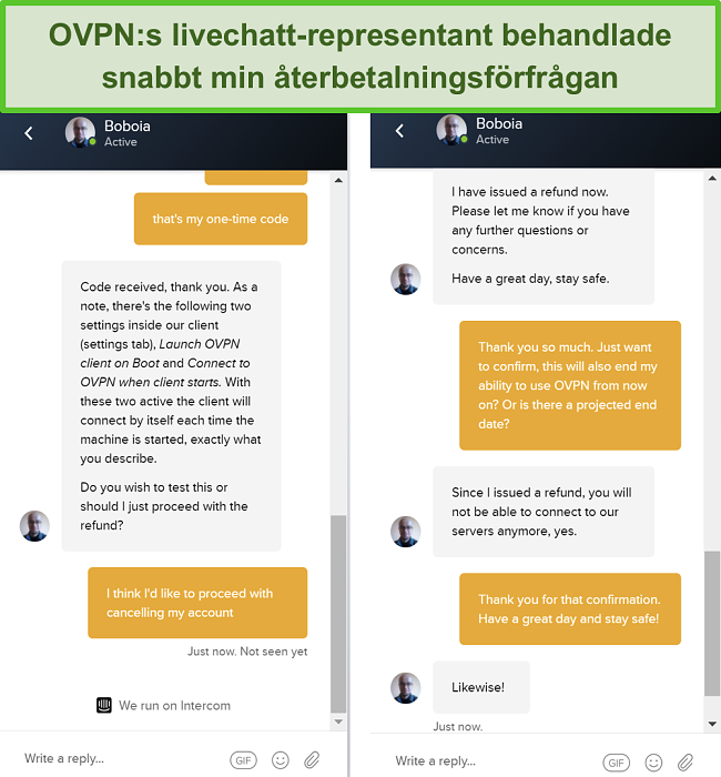 Skärmdump av en lyckad återbetalningsbegäran via OVPNs livechatt