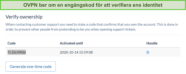 Skärmdump av OVPNs engångskod för att verifiera identitet under prenumerationsavbrottet