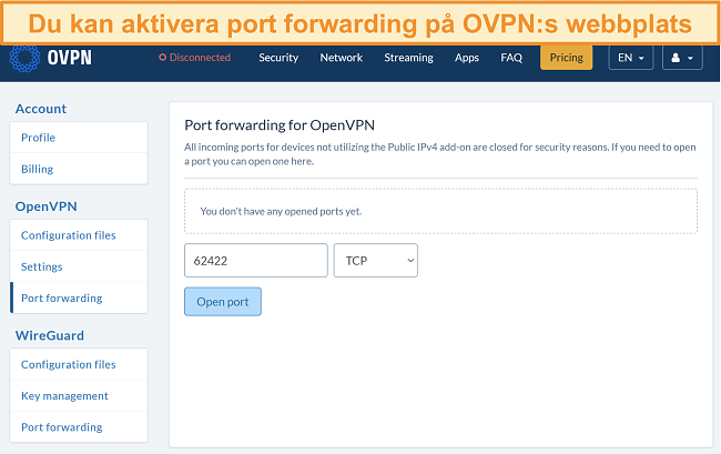 Skärmdump av alternativet för vidarebefordran av port på OVPN
