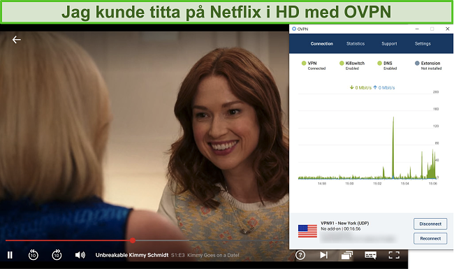 Skärmdump av OVPN som avblockerar Netflix