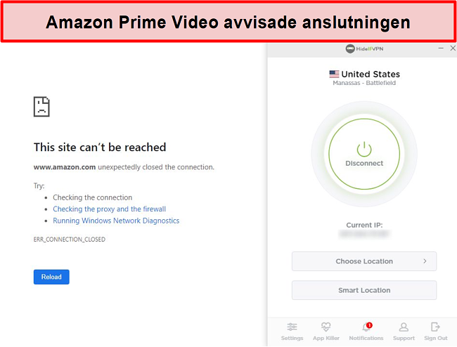Skärmdump av Amazon Prime Video som avvisar HideIPVPN-anslutningen.