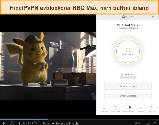 Skärmdump av HideIPVPN avblockering av HBO Max, strömmande Pokémon Detective Pikachu.