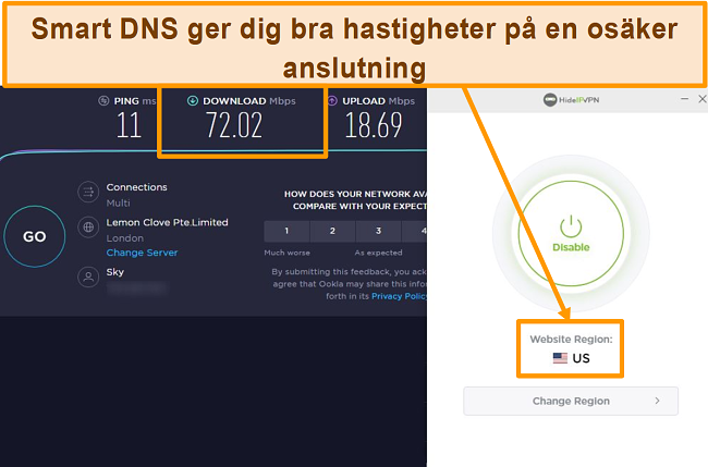 Skärmdump av HideIPVPN Smart DNS-hastighetstest.