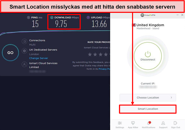 Skärmdump av hastighetstest med hjälp av Smart Location.