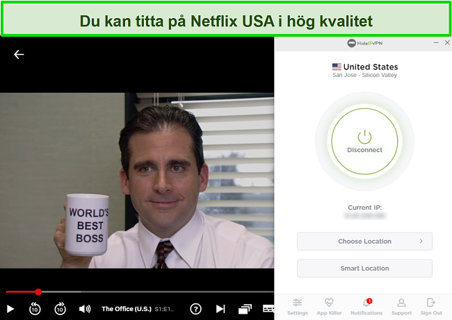 Skärmdump av HideIPVPN som avblockerar US Netflix, strömmar The Office (U.S.).