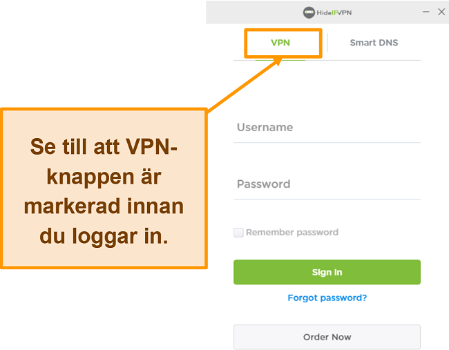 Skärmdump av HideIPVPN-inloggningsskärmen för skrivbordet.