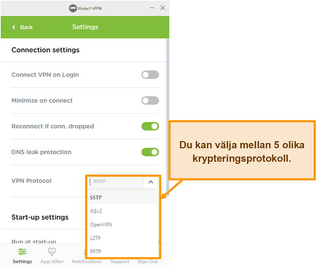 Skärmdump av HideIPVPN-krypteringsprotokoll.