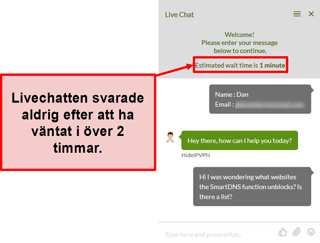 Skärmdump av HideIPVPN livechatt misslyckades med att svara.