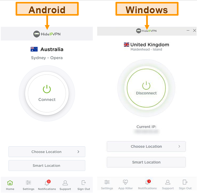 Skärmdump av HideIPVPNs stationära och mobila applikationer.
