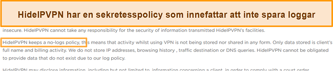 Skärmdump av HideIPVPN: s policy utan logg.