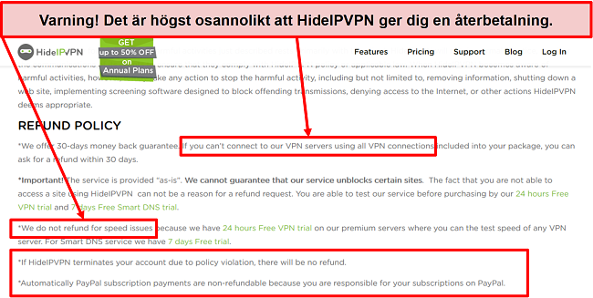 Skärmdump av HidelVPN: s återbetalningspolicy