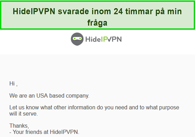 Skärmdump av HideIPVPNs e-poststöd.