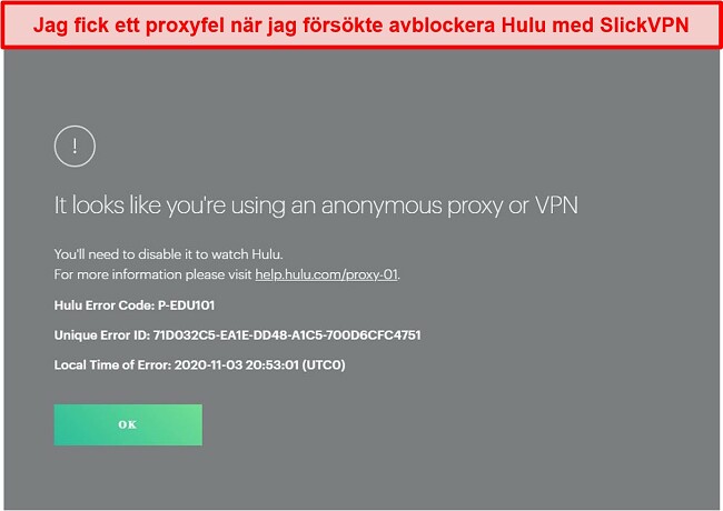 Skärmdump av SlickVPN som blockeras av Hulu