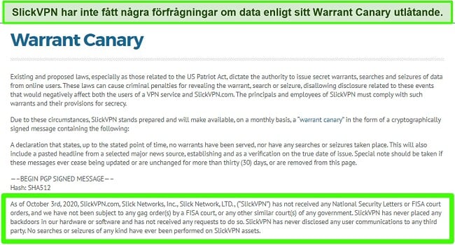 Skärmdump av SlickVPN: s Warrant Canary-meddelande