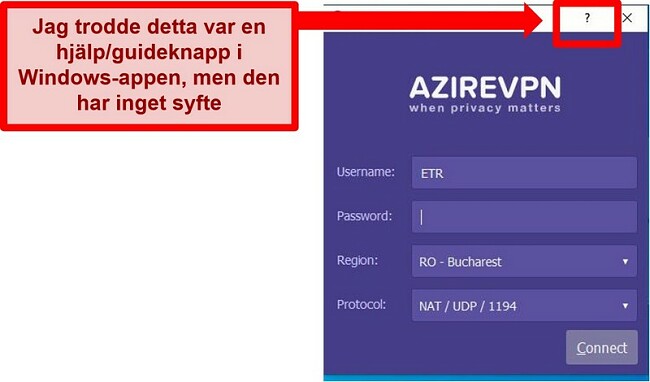 Skärmdump av startskärmen för AzireVPNs användargränssnitt