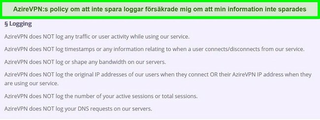 Skärmdump av AzireVPNs nollloggspolicy