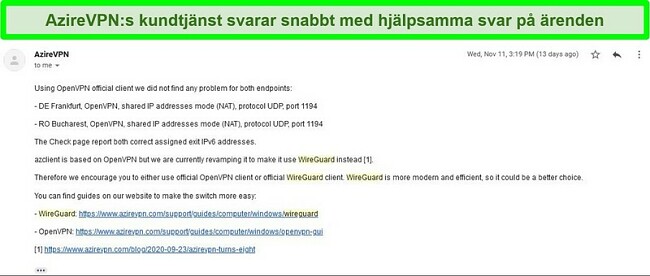 Skärmdump av AzireVPN-support som svarar på en hjälpförfrågan