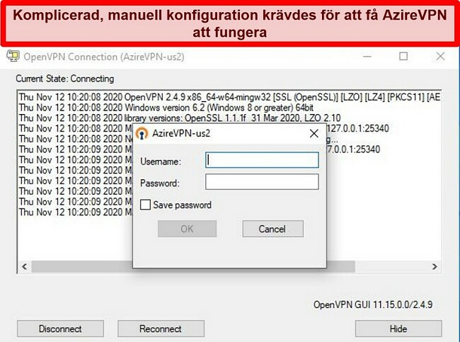 Skärmdump av AzireVPNs inloggningsprompt när du använder OpenVPN-klienten