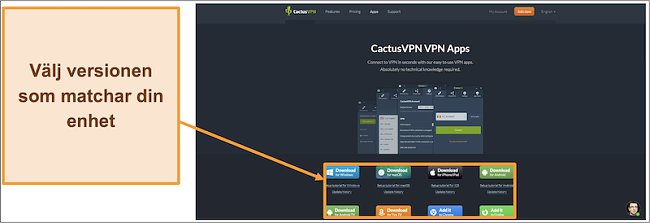 Skärmdump som visar var du vill ladda ner den version av CactusVPN du vill ha från dess webbplats