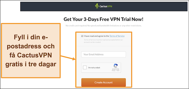 Skärmdump som visar hur du registrerar dig för gratisversionen av CactusVPN