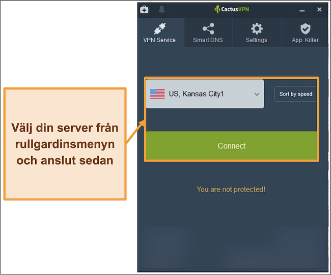 Skärmdump av CactusVPN-gränssnittet som visar rullgardinsmenyn för serverval