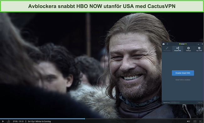 Skärmdump av Game of Thrones strömmar framgångsrikt på HBO NU med CactusVPN ansluten