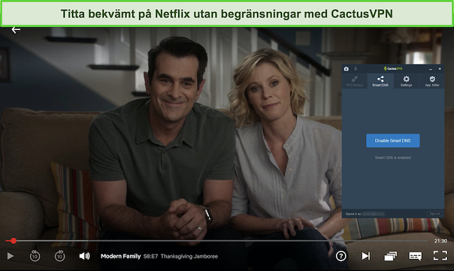 Skärmdump av Modern Family strömmar framgångsrikt på Netflix med CactusVPN ansluten