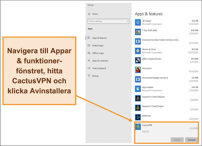 Skärmdump som visar hur du startar avinstallationen av CactusVPN från menyn Appar och funktioner