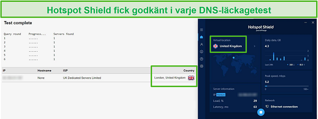 Skärmdump av Hotspot Shield som skickar ett DNS-test när den är ansluten till en brittisk server.