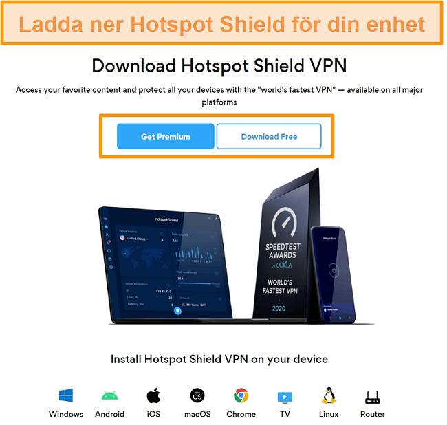 Skärmdump av nedladdningssidan för Hotspot Shield.