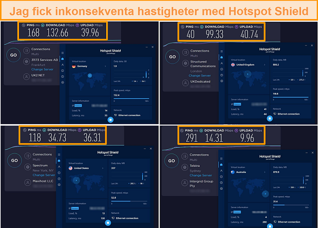 Skärmdump av Hotspot Shield-hastighetstester från Tyskland, Storbritannien, USA och Australien