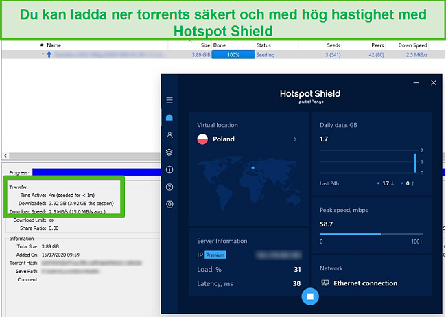 Skärmdump av att vara ansluten till Hotspot Shield medan du torrentar en 4 GB-fil på under 4 minuter.