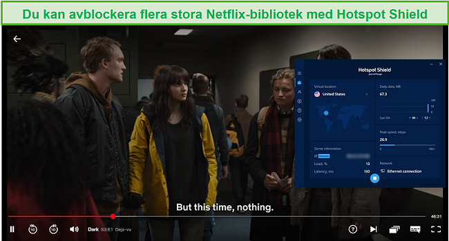 Skärmdump av Hotspot Shield som avblockerar Netflix och streamar Dark.