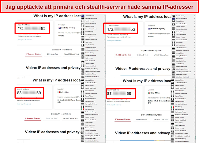 Skärmdump av My Expat Network primära och stealth-servrar som ger samma IP-adress