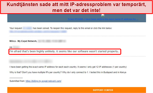 Skärmdump av e-postsvaret från mitt expatnätverk som ger en förklaring till ett IP-adressproblem