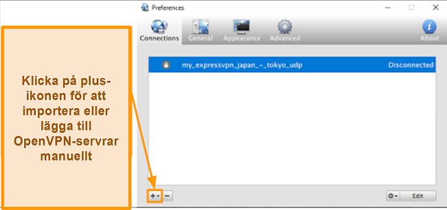 Skärmdump av Viscosity-appen som visar hur man lägger till OpenVPN-servrar